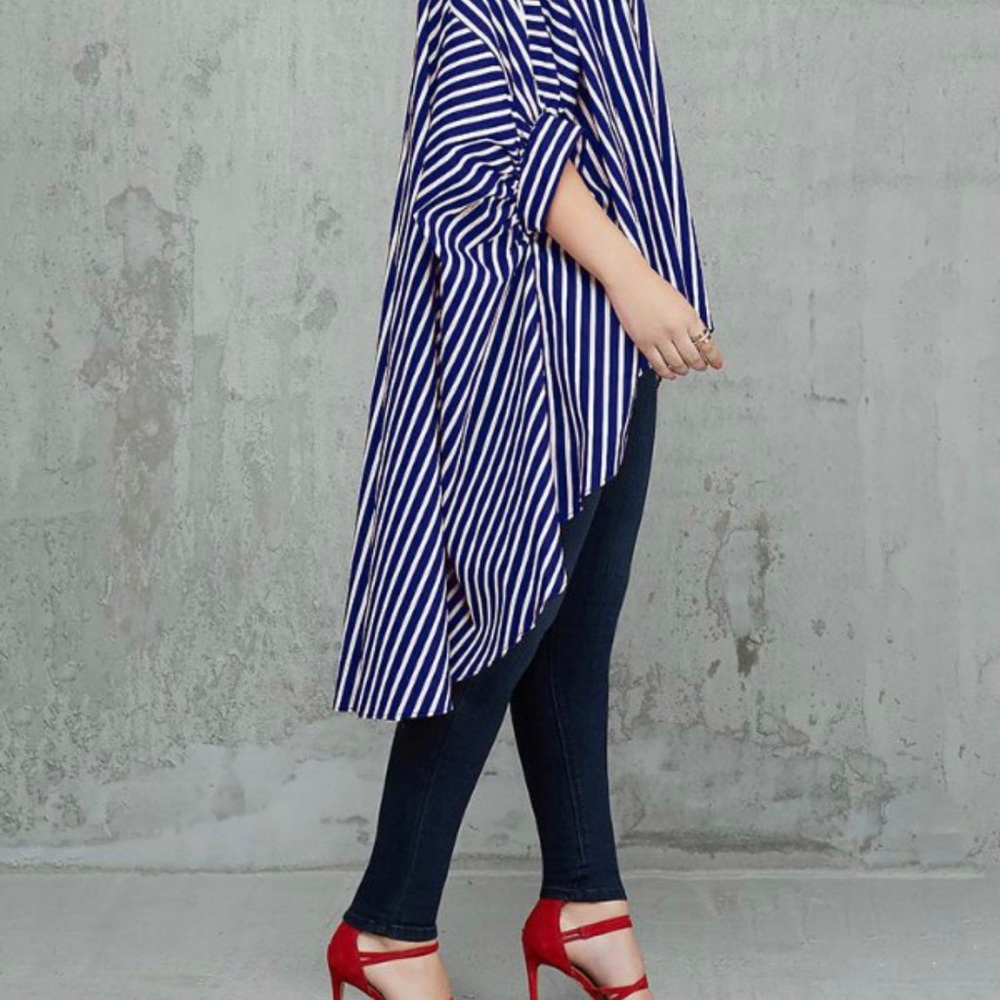 Boho Blue Striped Plus Size Color Block High Low … - image 7